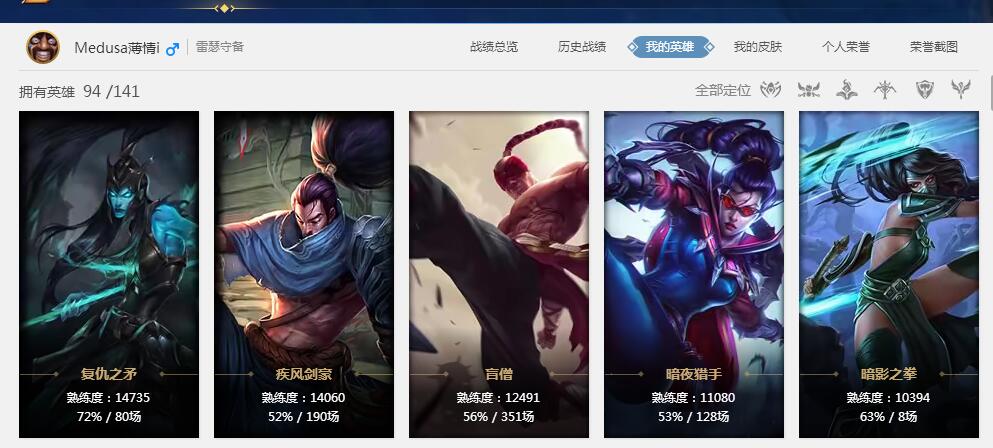 雷瑟守备-Medusa薄情i—角色等级 88   英雄数量 94   皮肤数量93   不屈白银Ⅳ   无段位框